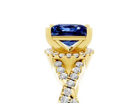 Yellow gold Princess Cut Blue Sapphire Halo Twist Band Solitaire Prong Setting Ring_5