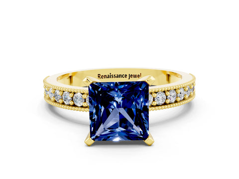 Yellow gold Princess Cut Blue Sapphire Milgrain Pavé Engagement Ring with Four-Prong Setting_12