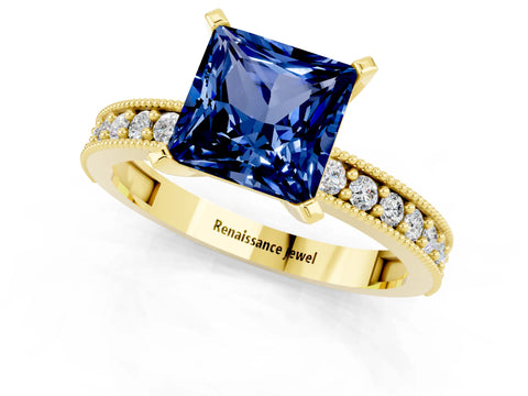 Yellow gold Princess Cut Blue Sapphire Milgrain Pavé Engagement Ring with Four-Prong Setting_13