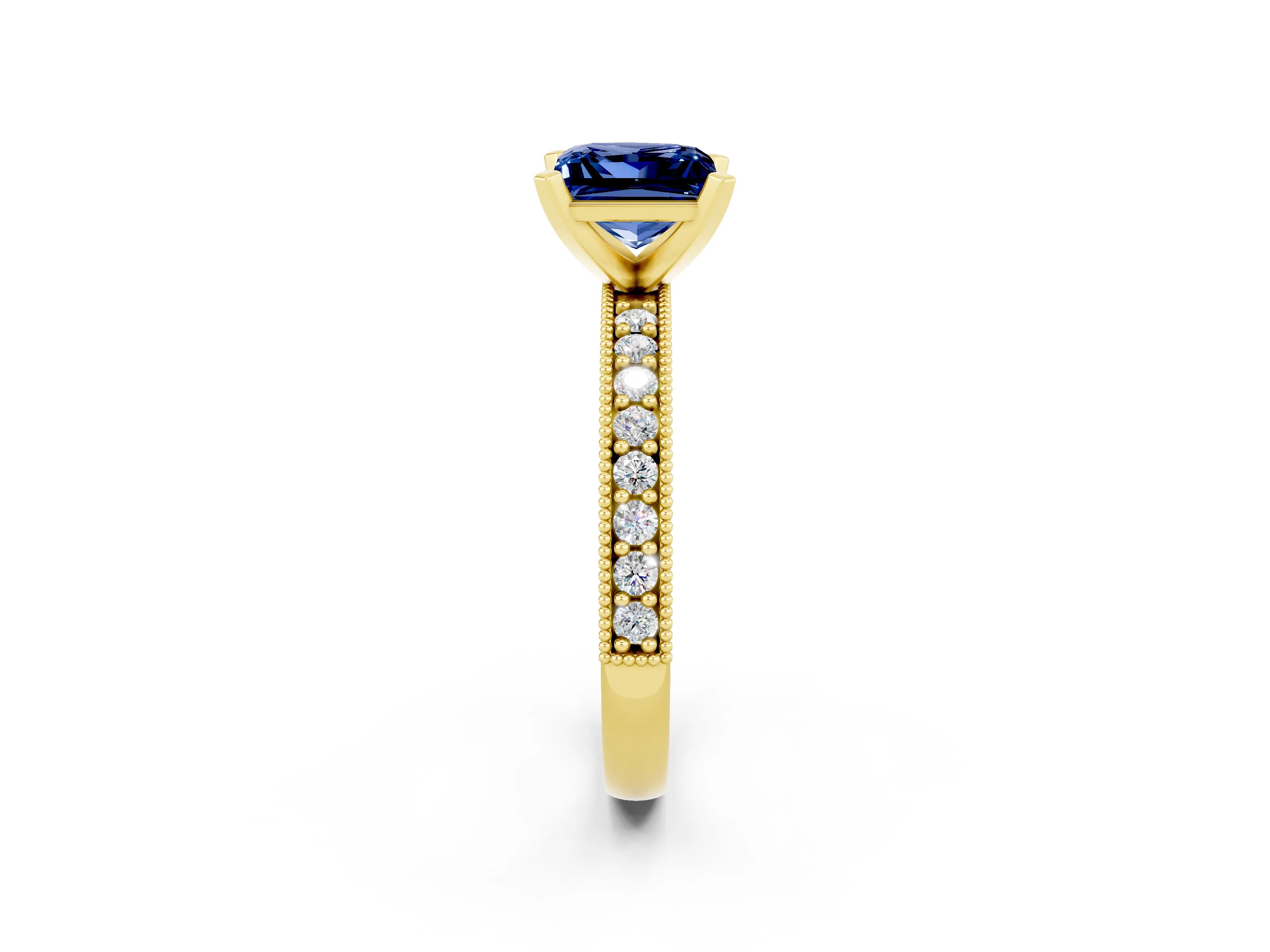 Yellow gold Princess Cut Blue Sapphire Milgrain Pavé Engagement Ring with Four-Prong Setting_14