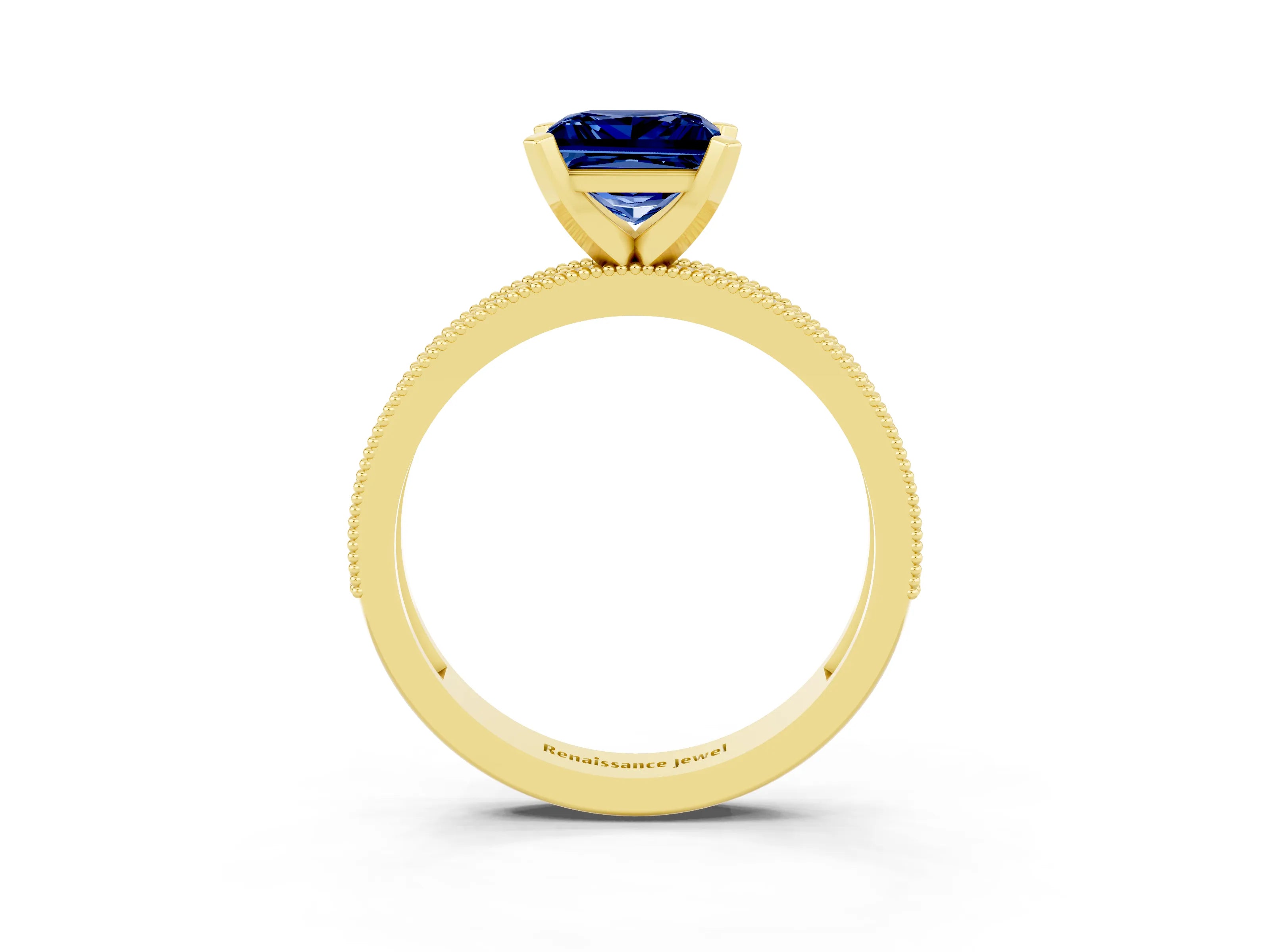 Yellow gold Princess Cut Blue Sapphire Milgrain Pavé Engagement Ring with Four-Prong Setting_15