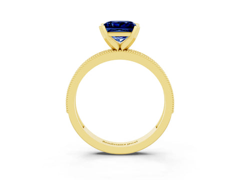 Yellow gold Princess Cut Blue Sapphire Milgrain Pavé Engagement Ring with Four-Prong Setting_15