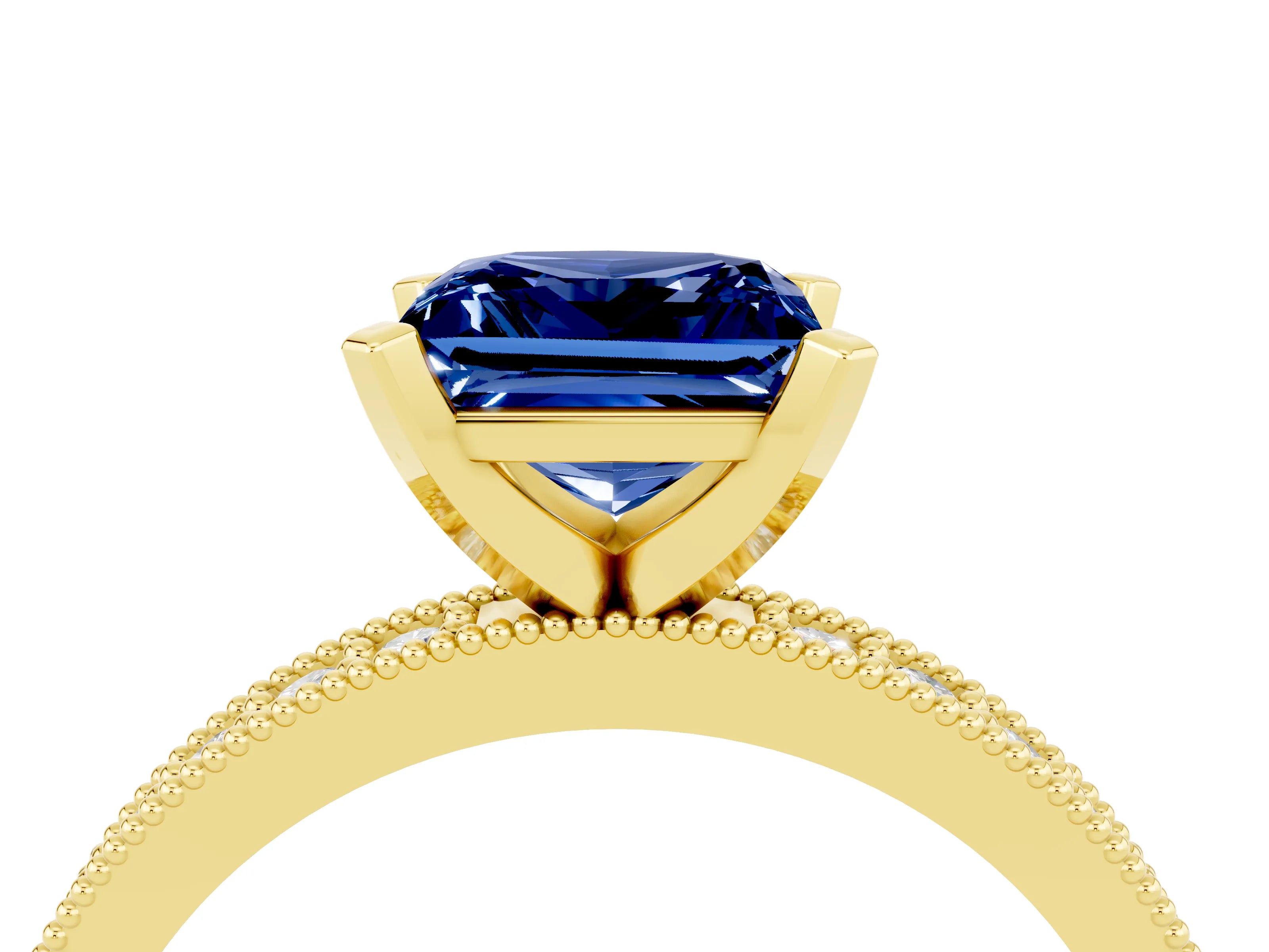 Yellow gold Princess Cut Blue Sapphire Milgrain Pavé Engagement Ring with Four-Prong Setting_16