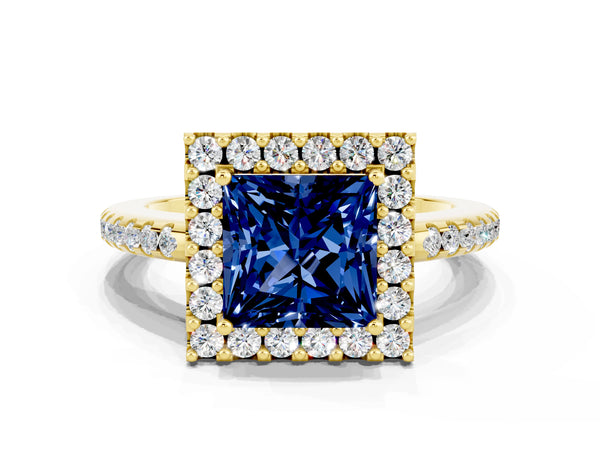 Yellow gold Princess Cut Blue Sapphire Pavé Halo Ring with Four-Prong Setting