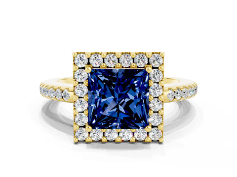 Yellow gold Princess Cut Blue Sapphire Pavé Halo Ring with Four-Prong Setting_12