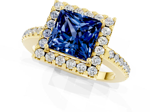 Yellow gold Princess Cut Blue Sapphire Pavé Halo Ring with Four-Prong Setting_13