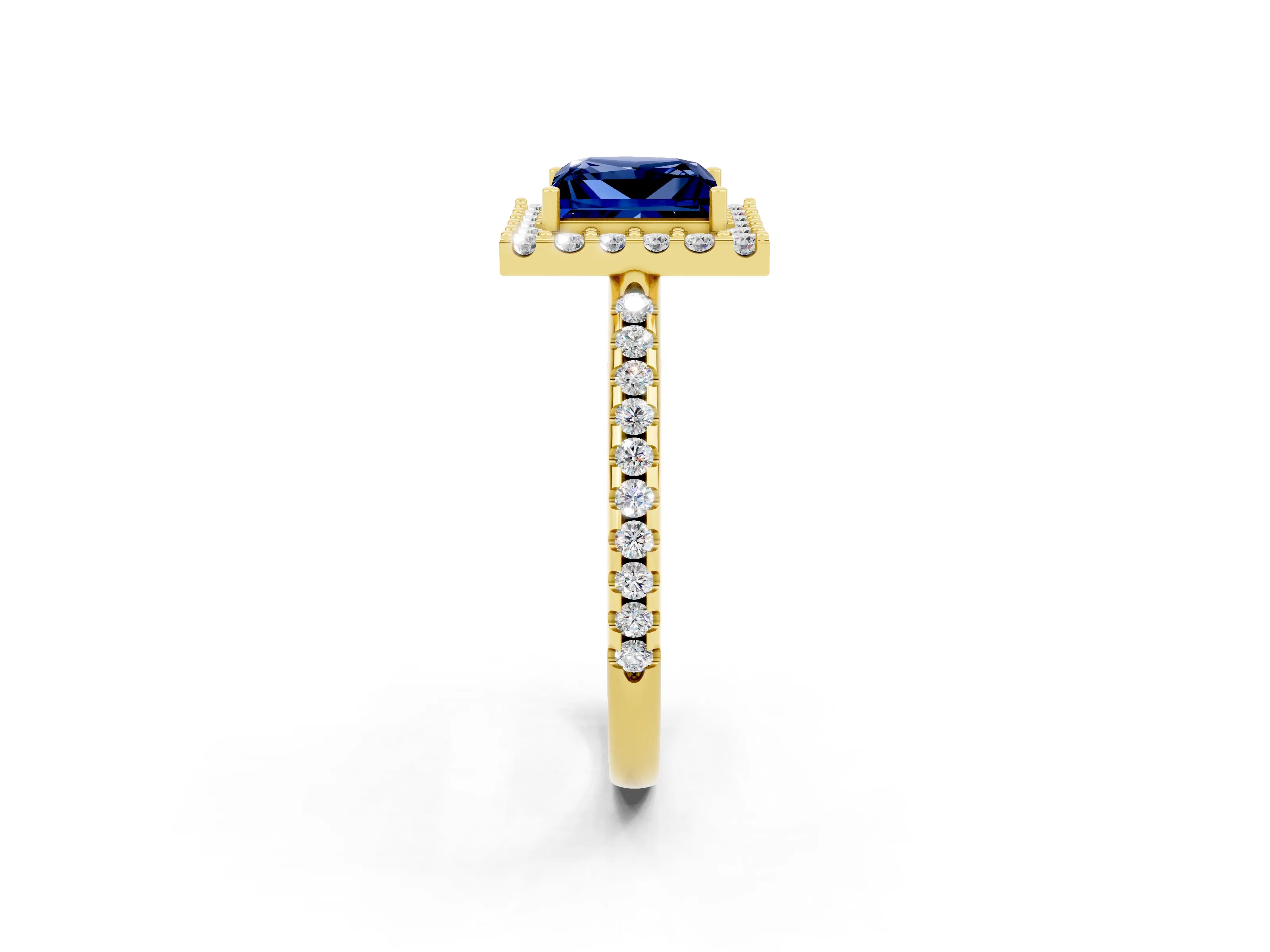 Yellow gold Princess Cut Blue Sapphire Pavé Halo Ring with Four-Prong Setting_14