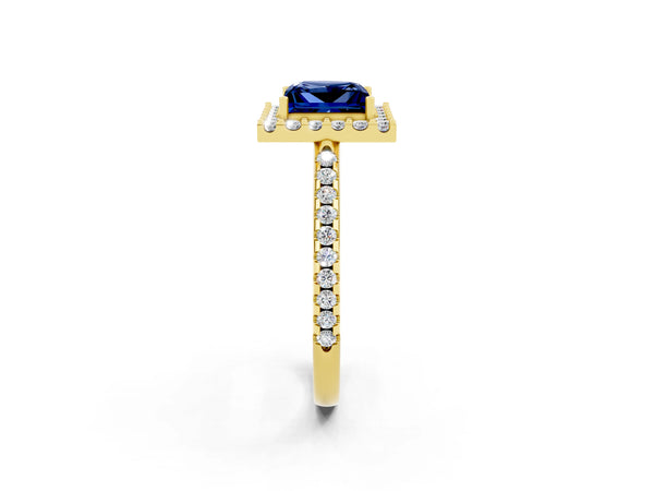 Yellow gold Princess Cut Blue Sapphire Pavé Halo Ring with Four-Prong Setting