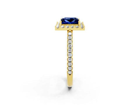 Yellow gold Princess Cut Blue Sapphire Pavé Halo Ring with Four-Prong Setting_14