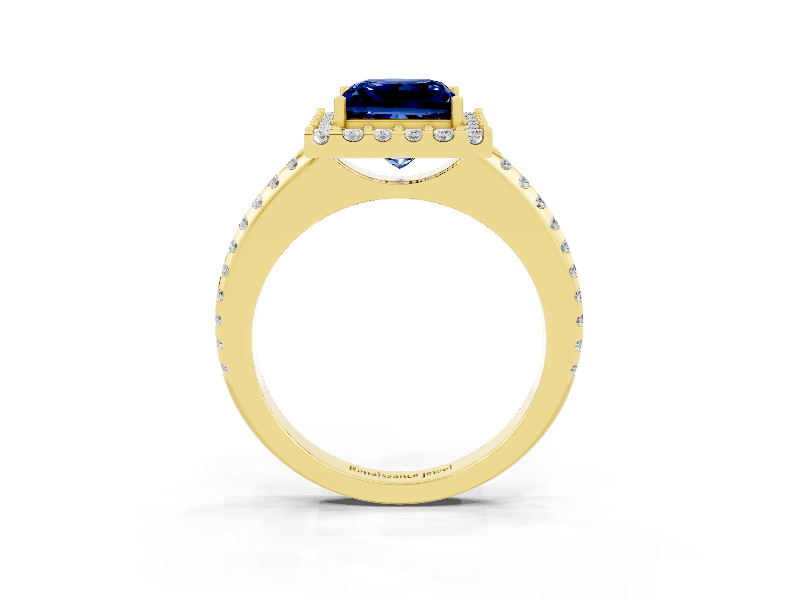 Yellow gold Princess Cut Blue Sapphire Pavé Halo Ring with Four-Prong Setting_15