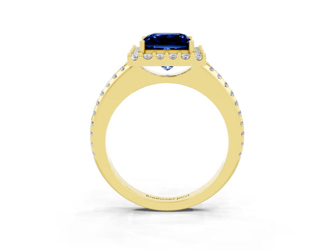 Yellow gold Princess Cut Blue Sapphire Pavé Halo Ring with Four-Prong Setting_15