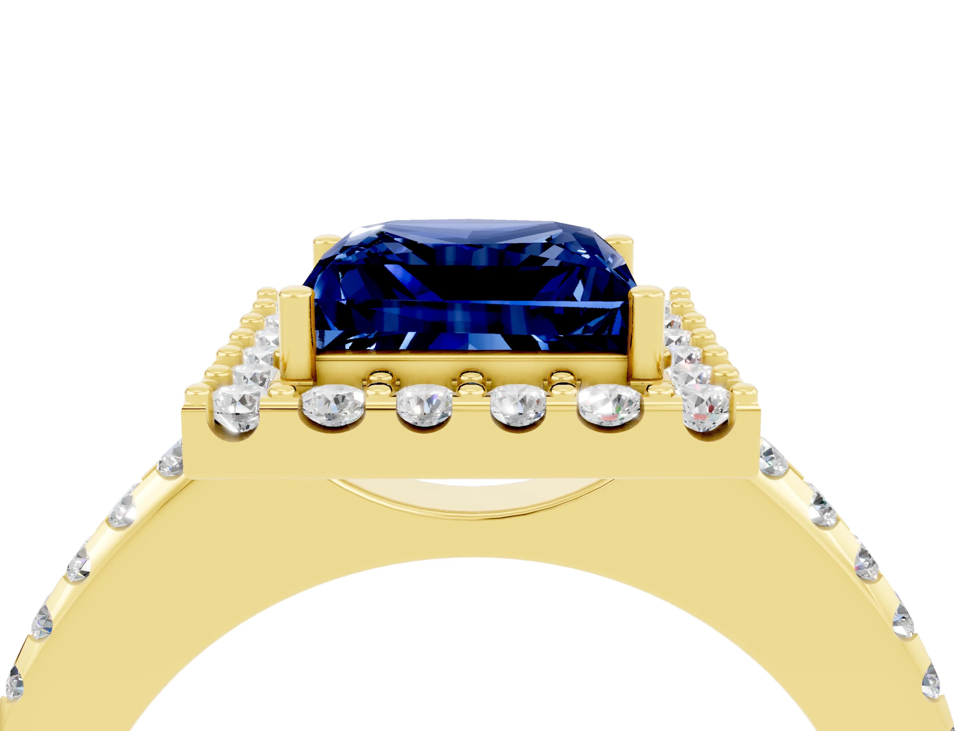 Yellow gold Princess Cut Blue Sapphire Pavé Halo Ring with Four-Prong Setting_16