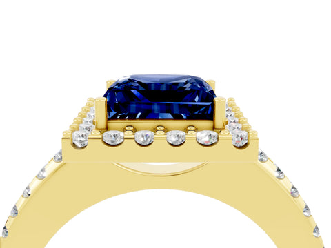 Yellow gold Princess Cut Blue Sapphire Pavé Halo Ring with Four-Prong Setting_16
