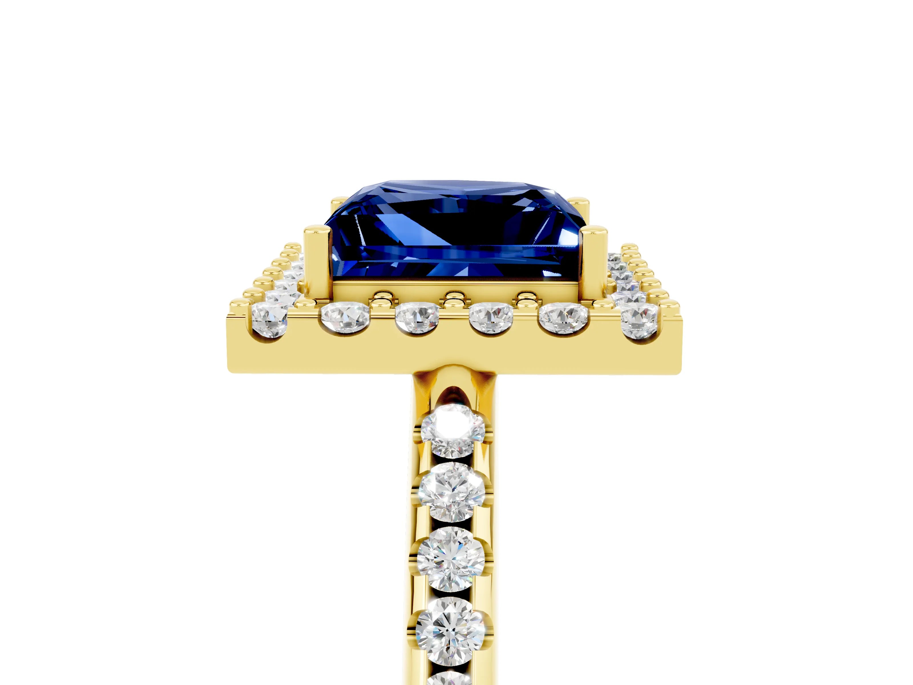 Yellow gold Princess Cut Blue Sapphire Pavé Halo Ring with Four-Prong Setting_17