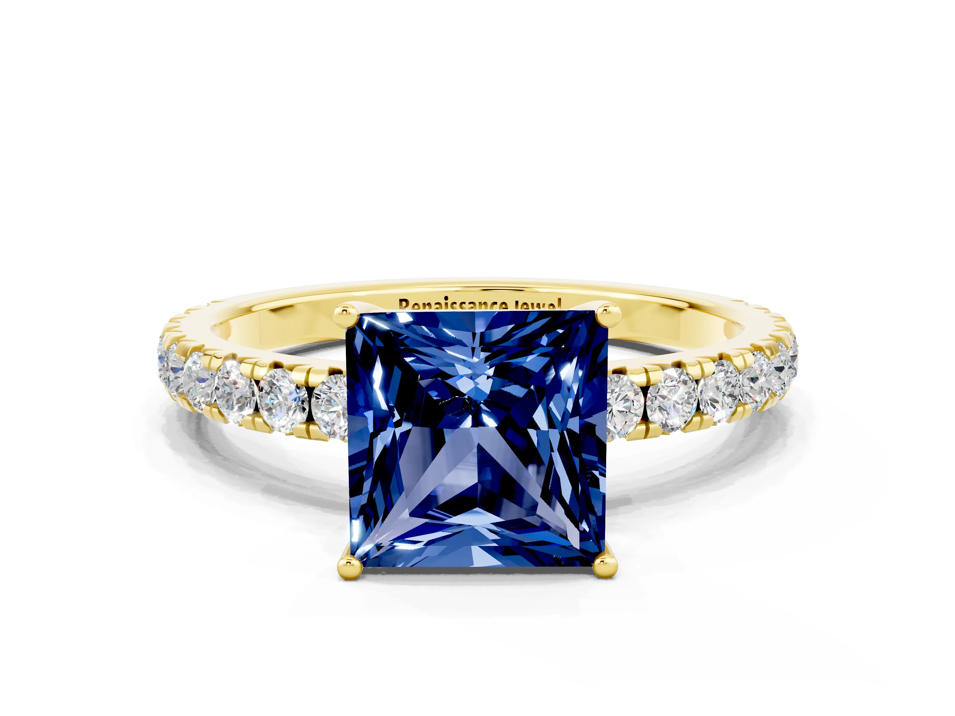 Yellow gold Princess Cut Blue Sapphire Pavé Solitaire Engagement Ring with Four-Prong Setting_12