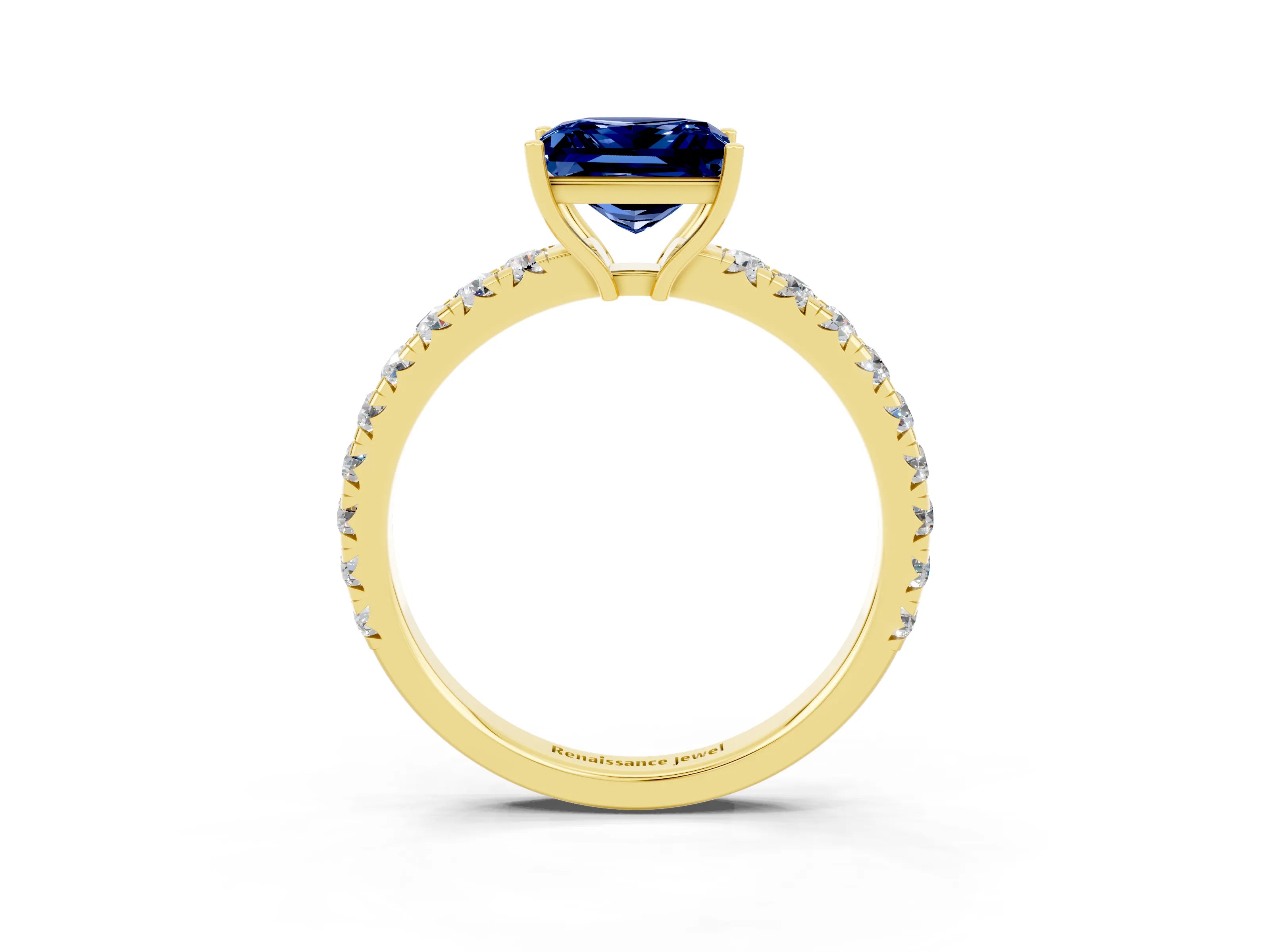 Yellow gold Princess Cut Blue Sapphire Pavé Solitaire Engagement Ring with Four-Prong Setting_15