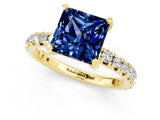 Yellow gold Princess Cut Blue Sapphire Pavé Solitaire Ring with Round Band and Prong Setting_25
