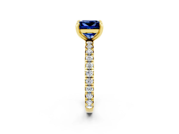 Yellow Gold Princess Cut Lab-Grown Blue Sapphire Solitaire Engagement Ring with Shared Prong Pave Band