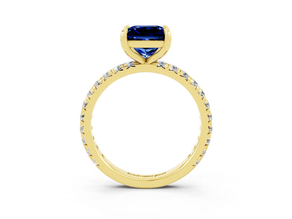 Yellow Gold Princess Cut Lab-Grown Blue Sapphire Solitaire Engagement Ring with Shared Prong Pave Band