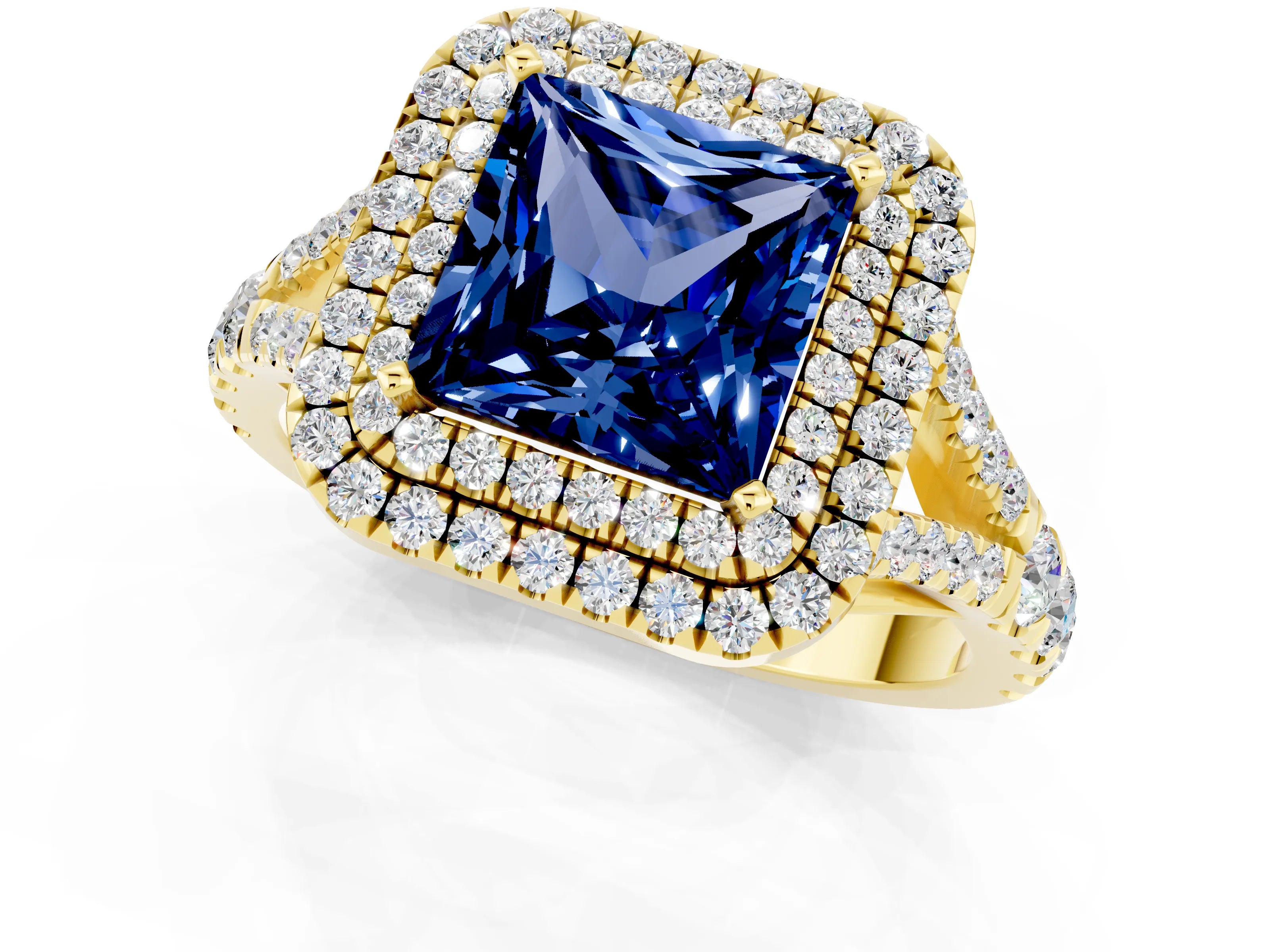 Yellow gold Princess Cut Blue Sapphire Pavé Split Shank Double Halo Engagement Ring_1