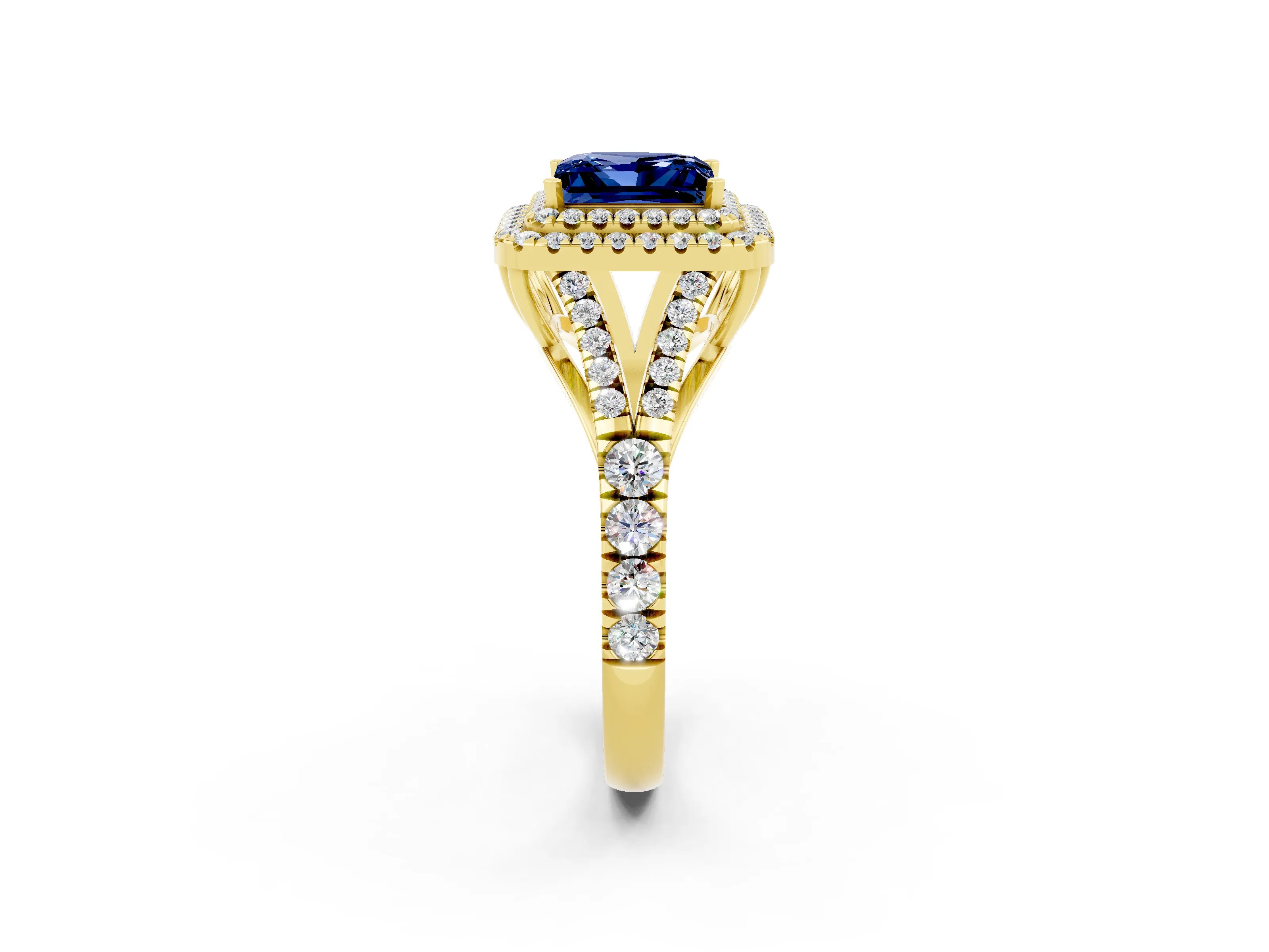 Yellow gold Princess Cut Blue Sapphire Pavé Split Shank Double Halo Engagement Ring_2