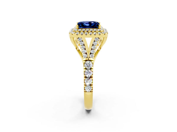 Yellow gold Princess Cut Blue Sapphire Pavé Split Shank Double Halo Engagement Ring
