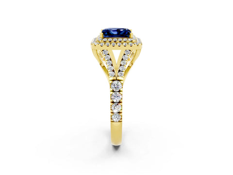 Yellow gold Princess Cut Blue Sapphire Pavé Split Shank Double Halo Engagement Ring_2