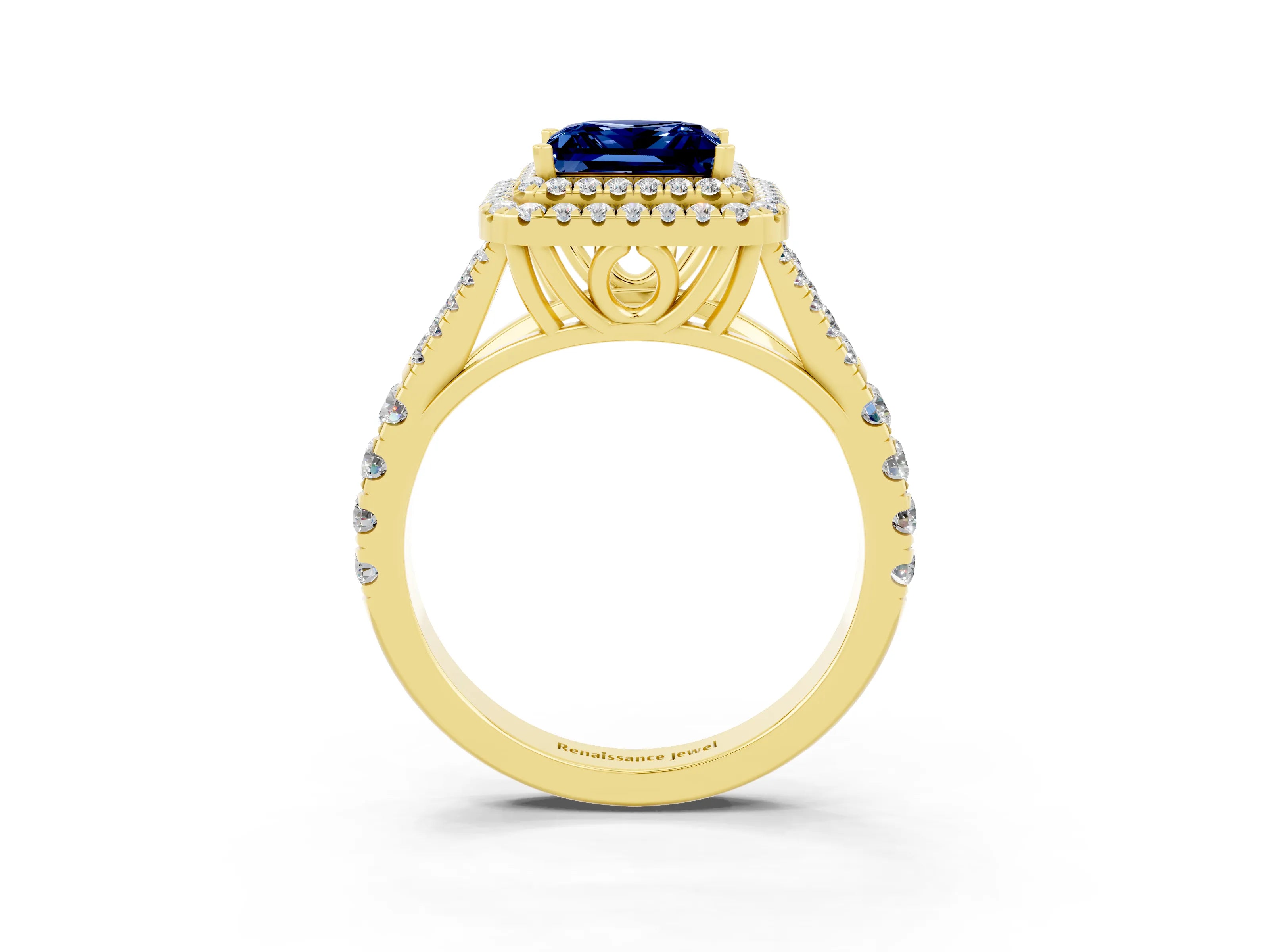 Yellow gold Princess Cut Blue Sapphire Pavé Split Shank Double Halo Engagement Ring_3