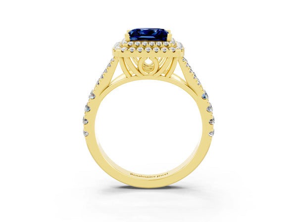 Yellow gold Princess Cut Blue Sapphire Pavé Split Shank Double Halo Engagement Ring