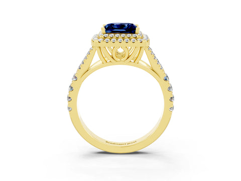 Yellow gold Princess Cut Blue Sapphire Pavé Split Shank Double Halo Engagement Ring_3