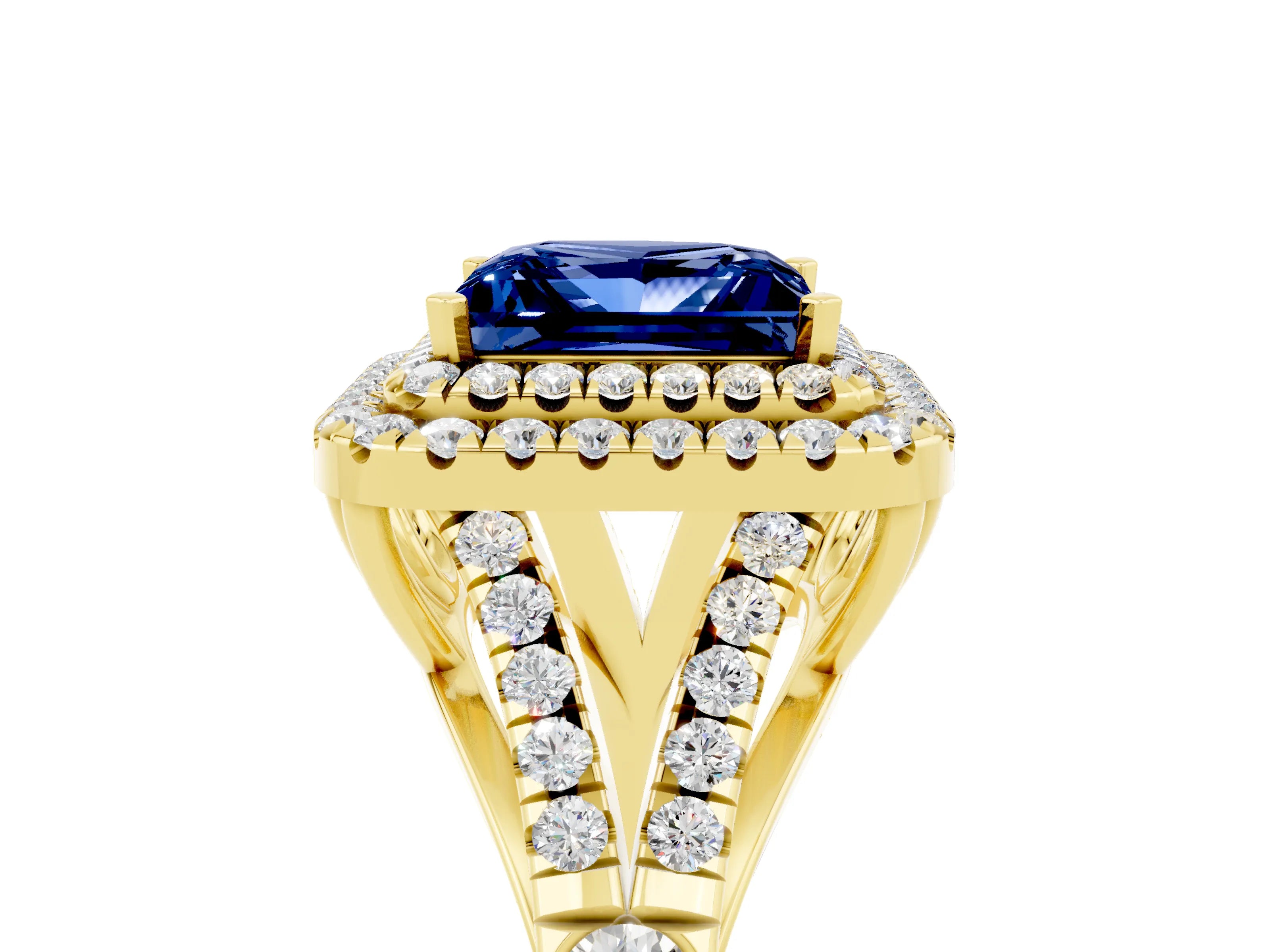 Yellow gold Princess Cut Blue Sapphire Pavé Split Shank Double Halo Engagement Ring_5
