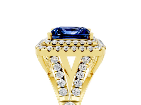 Yellow gold Princess Cut Blue Sapphire Pavé Split Shank Double Halo Engagement Ring_5