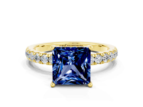 Yellow gold Princess Cut Blue Sapphire Pave Band Solitaire Ring with Four-Prong Setting_24