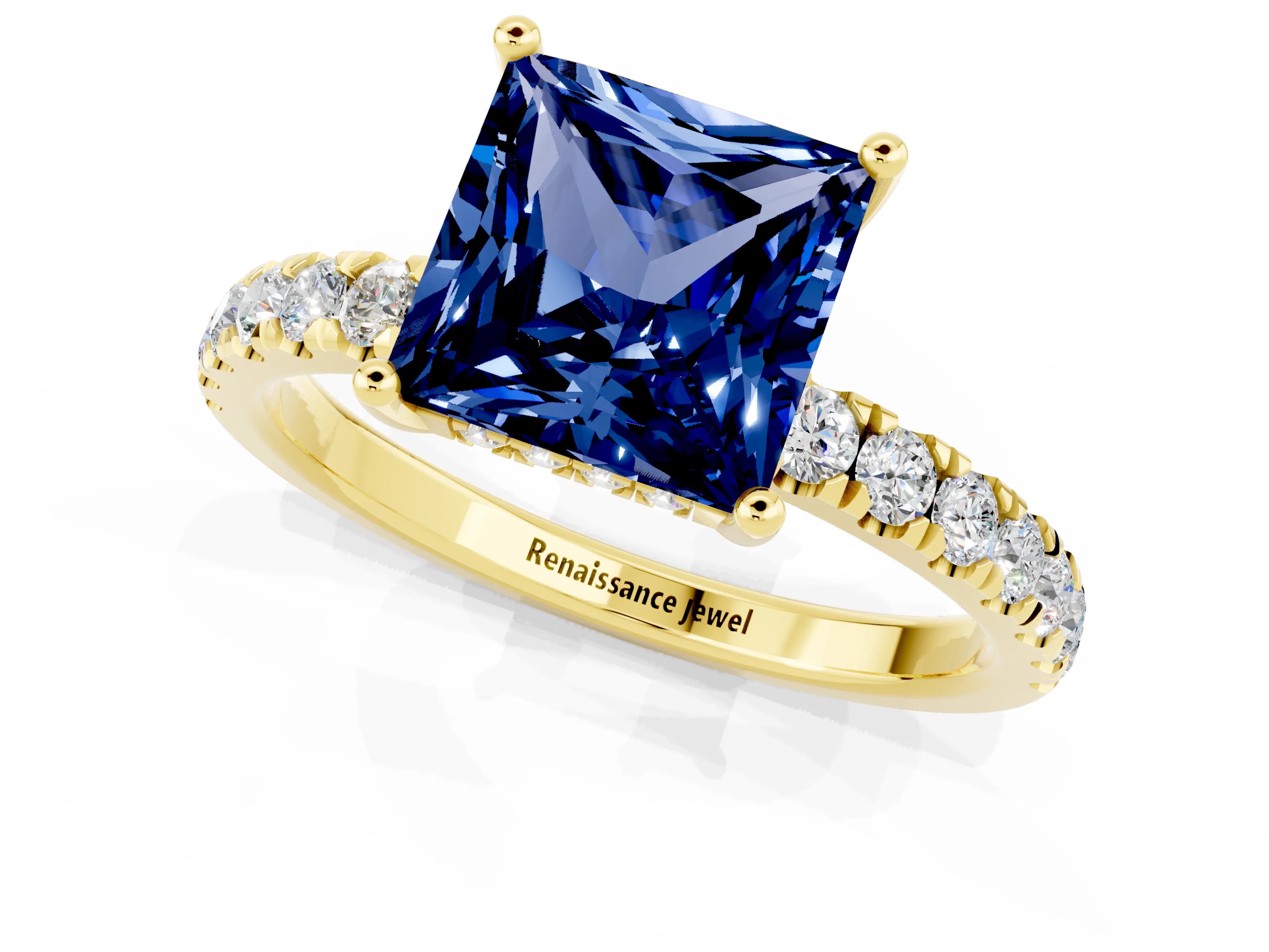 Yellow gold Princess Cut Blue Sapphire Pave Band Solitaire Ring with Four-Prong Setting_25