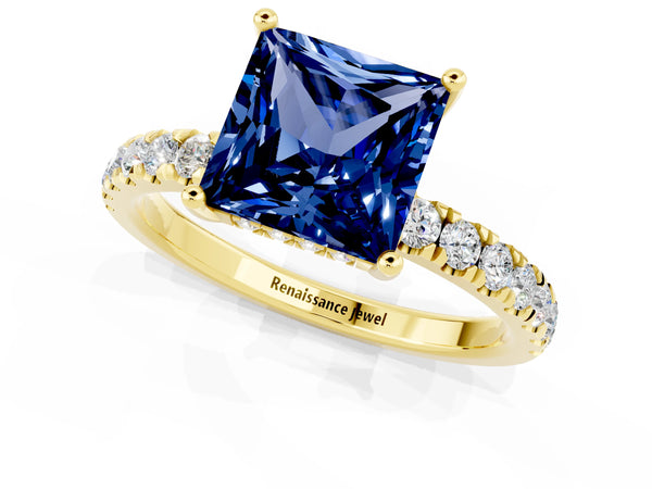 Yellow gold Princess Cut Blue Sapphire Pave Band Solitaire Ring with Round  and Prong Setting