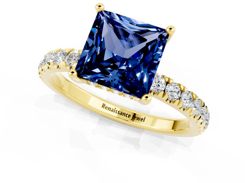 Yellow gold Princess Cut Blue Sapphire Pave Band Solitaire Ring with Four-Prong Setting_25