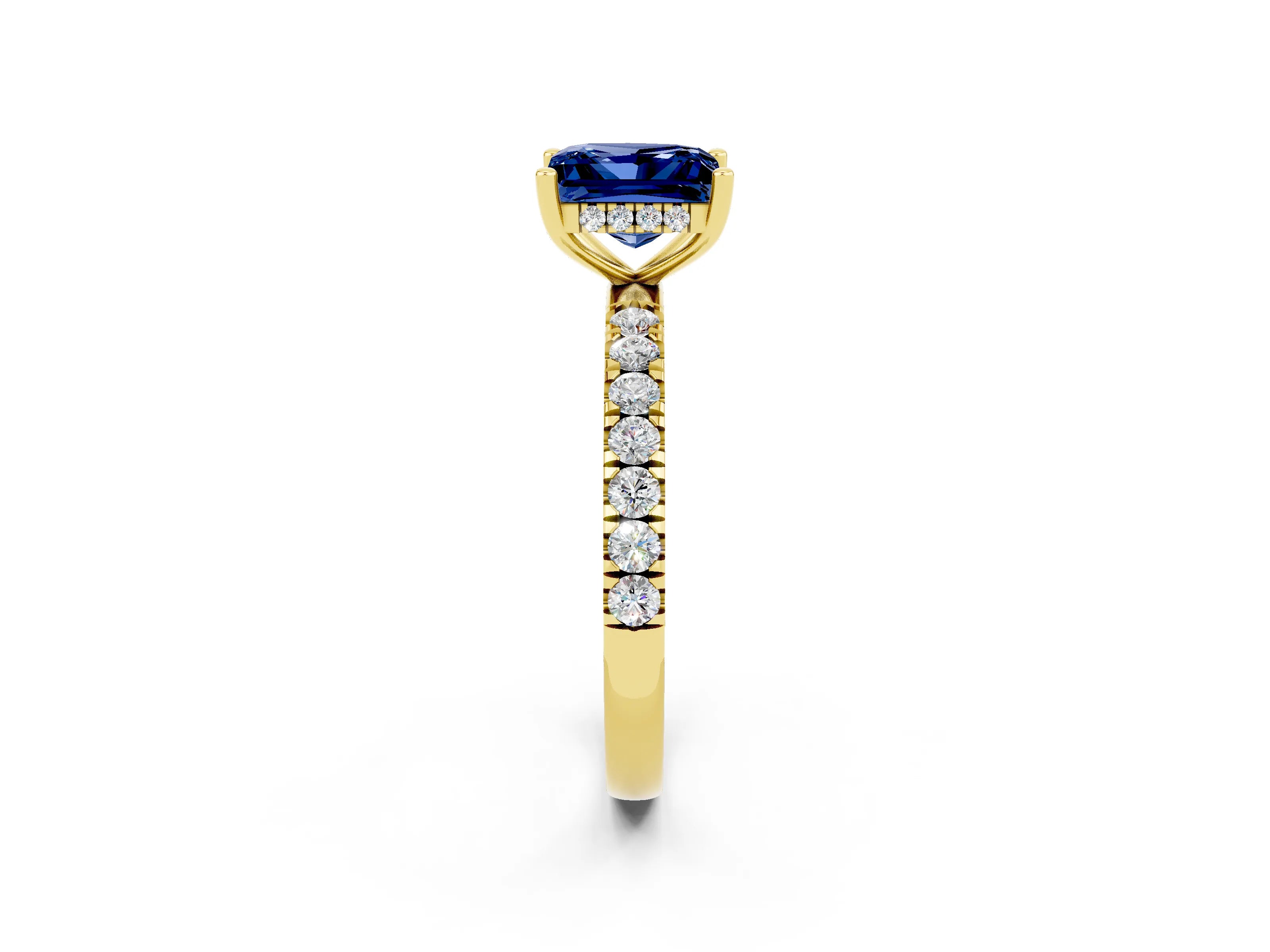 Yellow gold Princess Cut Blue Sapphire Pave Band Solitaire Ring with Four-Prong Setting_26