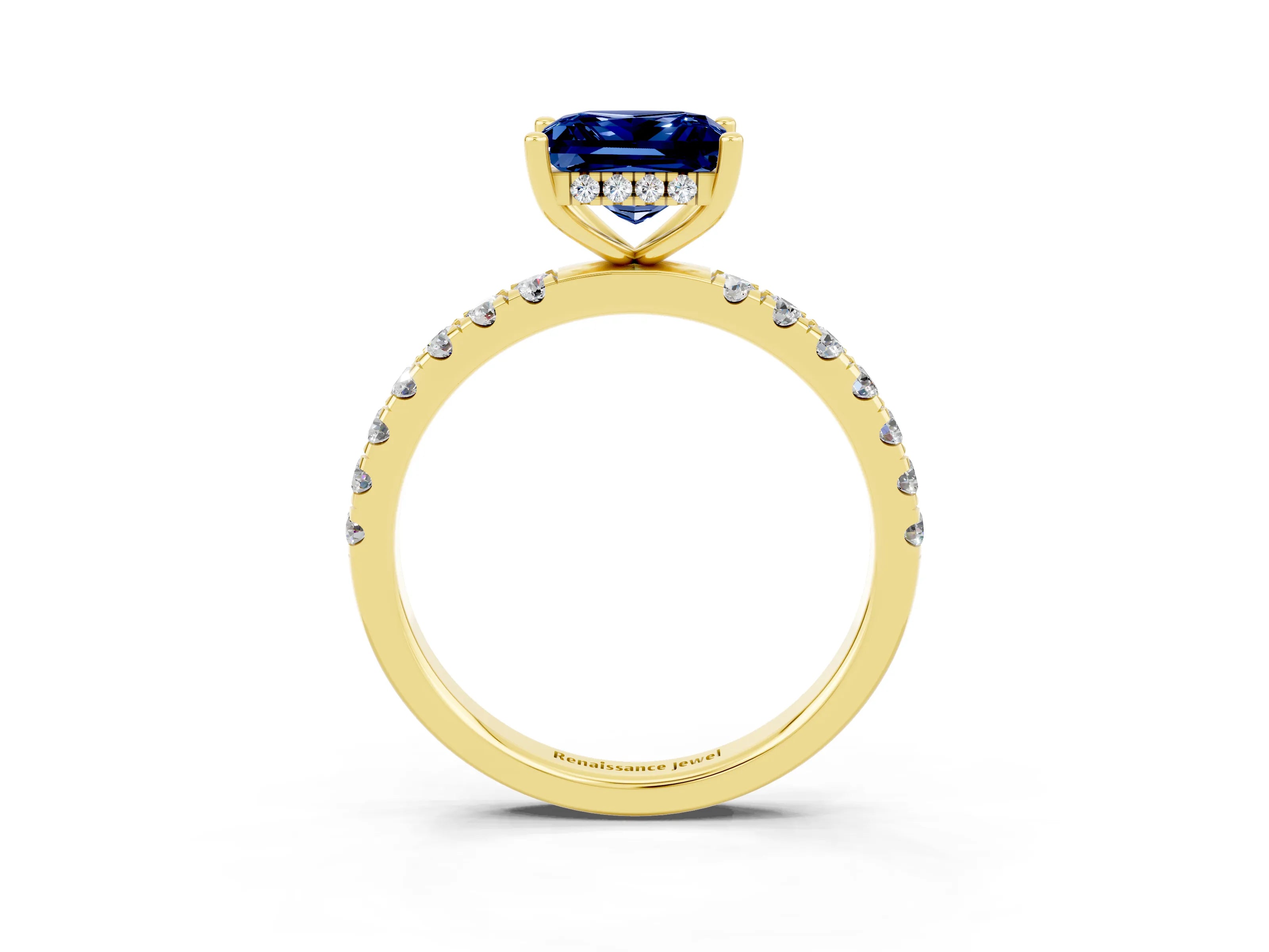 Yellow gold Princess Cut Blue Sapphire Pave Band Solitaire Ring with Four-Prong Setting_27