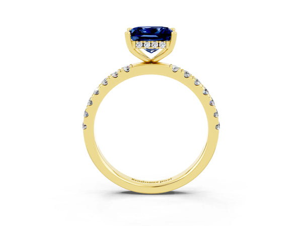 Yellow gold Princess Cut Blue Sapphire Pave Band Solitaire Ring with Round  and Prong Setting