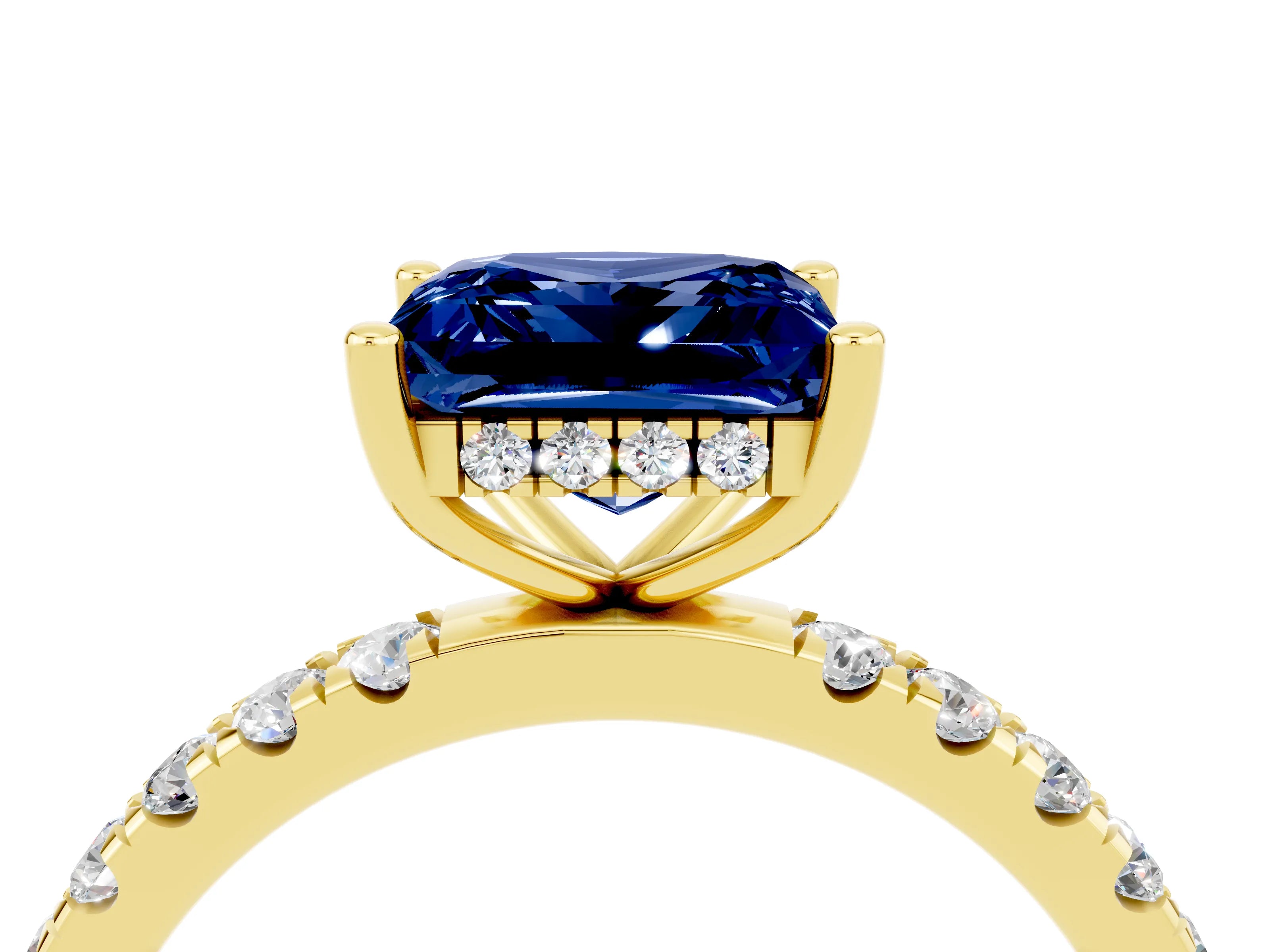 Yellow gold Princess Cut Blue Sapphire Pave Band Solitaire Ring with Four-Prong Setting_28