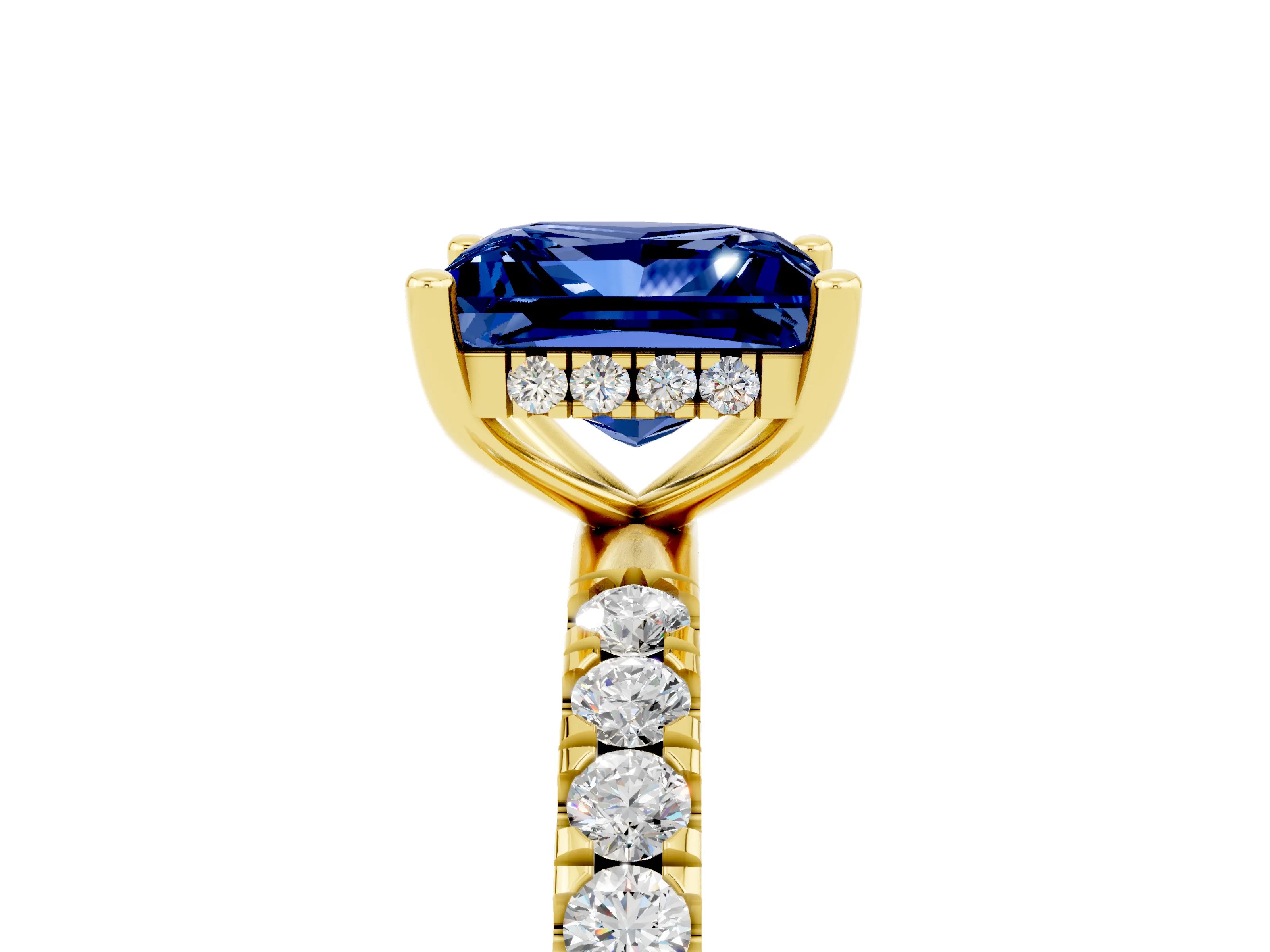 Yellow gold Princess Cut Blue Sapphire Pave Band Solitaire Ring with Four-Prong Setting_29
