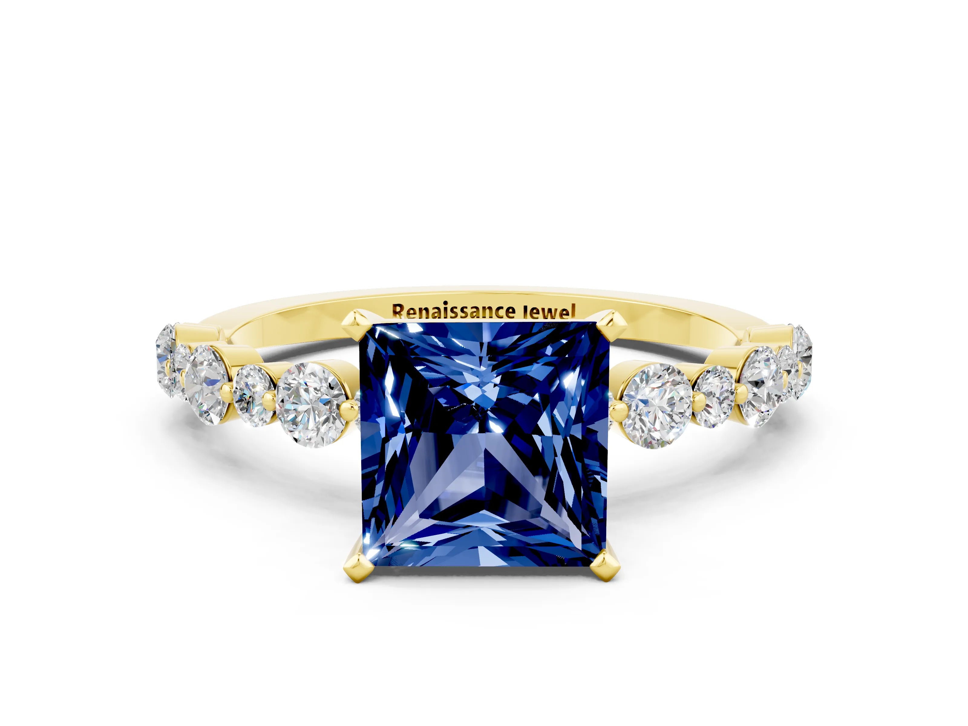 Yellow gold Princess Cut Blue Sapphire Prong Set Engagement Ring with Pavé Band