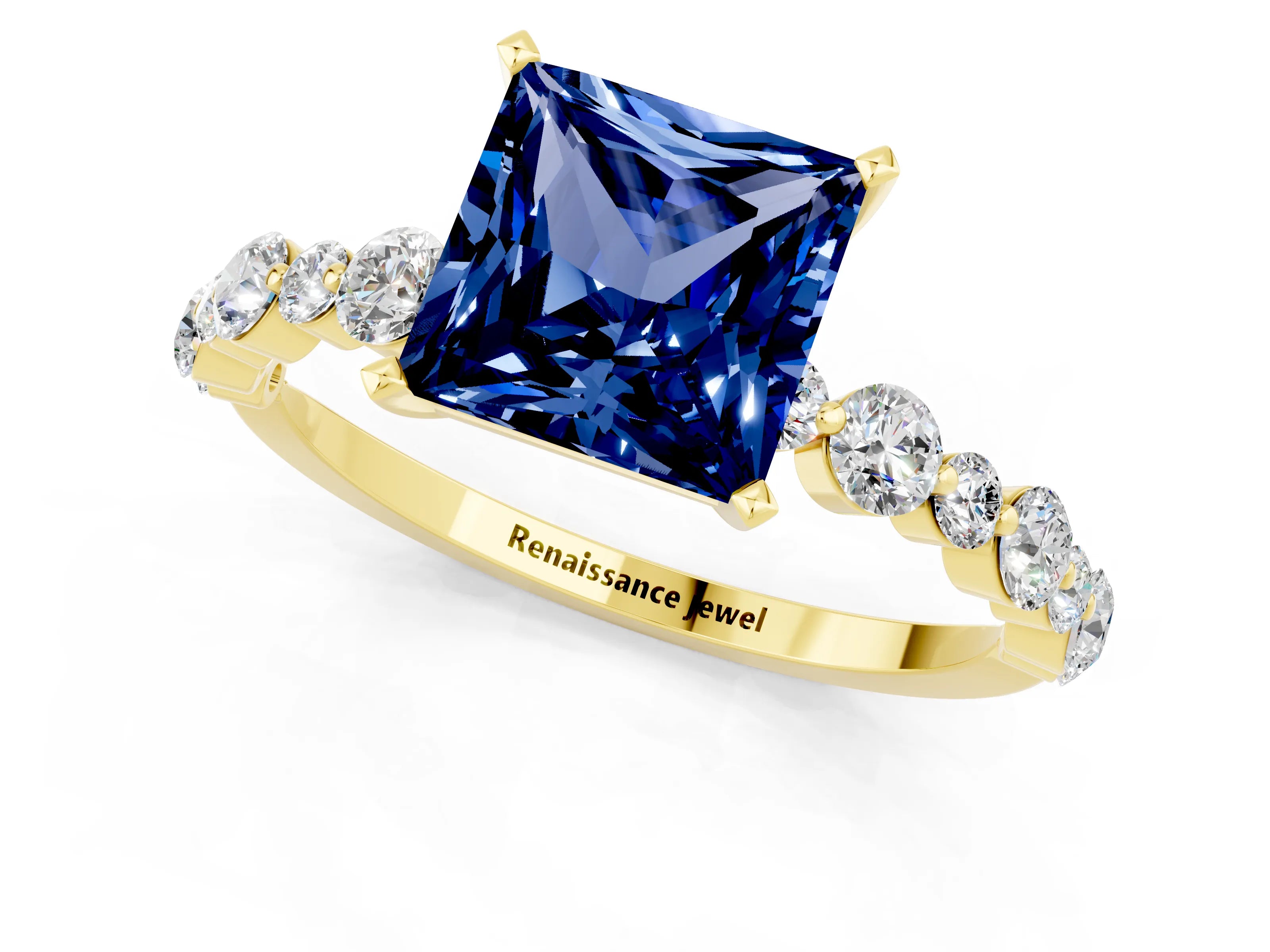 Yellow gold Princess Cut Blue Sapphire Prong Set Engagement Ring with Pavé Band_1