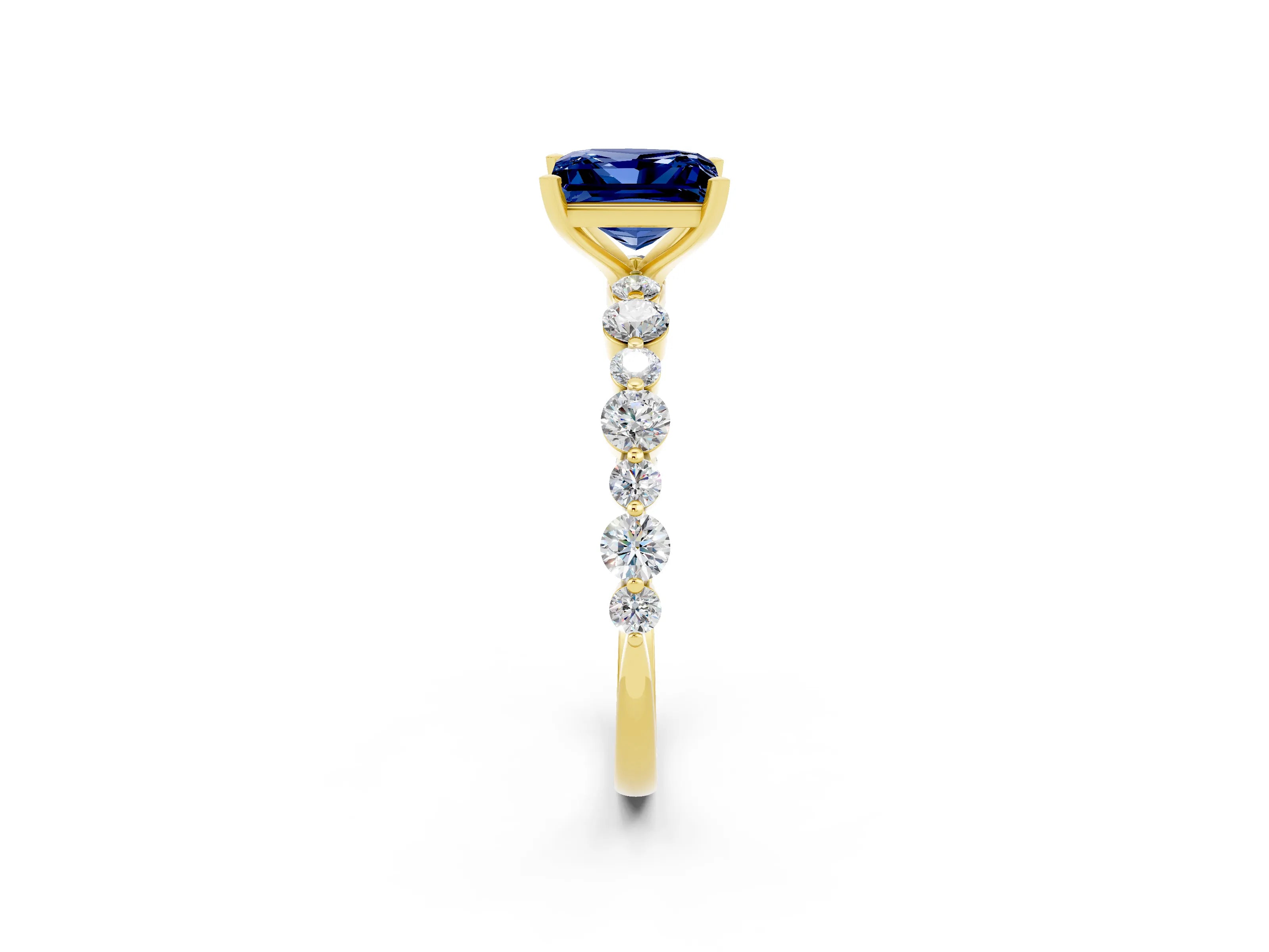 Yellow gold Princess Cut Blue Sapphire Prong Set Engagement Ring with Pavé Band_2
