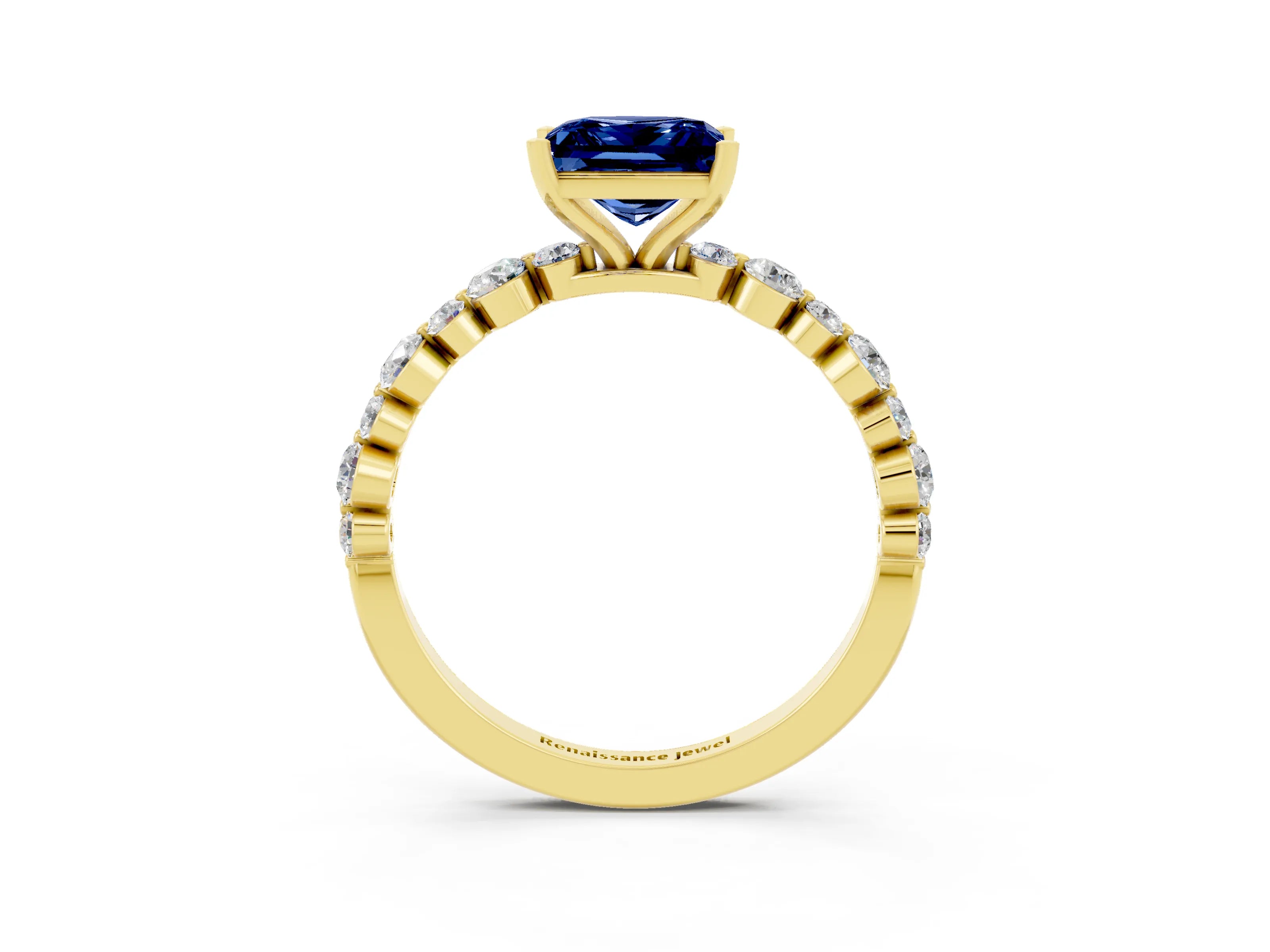 Yellow gold Princess Cut Blue Sapphire Prong Set Engagement Ring with Pavé Band_3