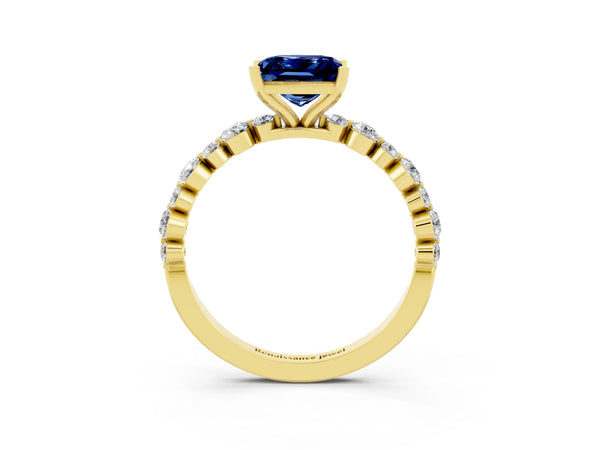 Yellow gold Princess Cut Blue Sapphire Prong Set Engagement Ring with Pavé Band