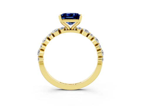 Yellow gold Princess Cut Blue Sapphire Prong Set Engagement Ring with Pavé Band_3
