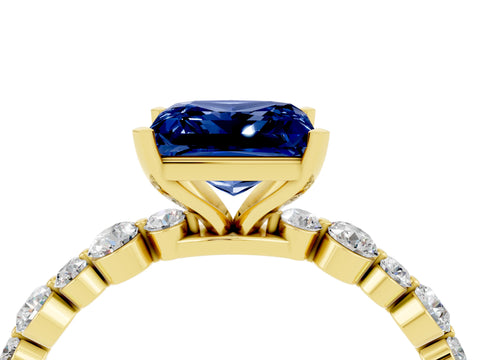 Yellow gold Princess Cut Blue Sapphire Prong Set Engagement Ring with Pavé Band_4