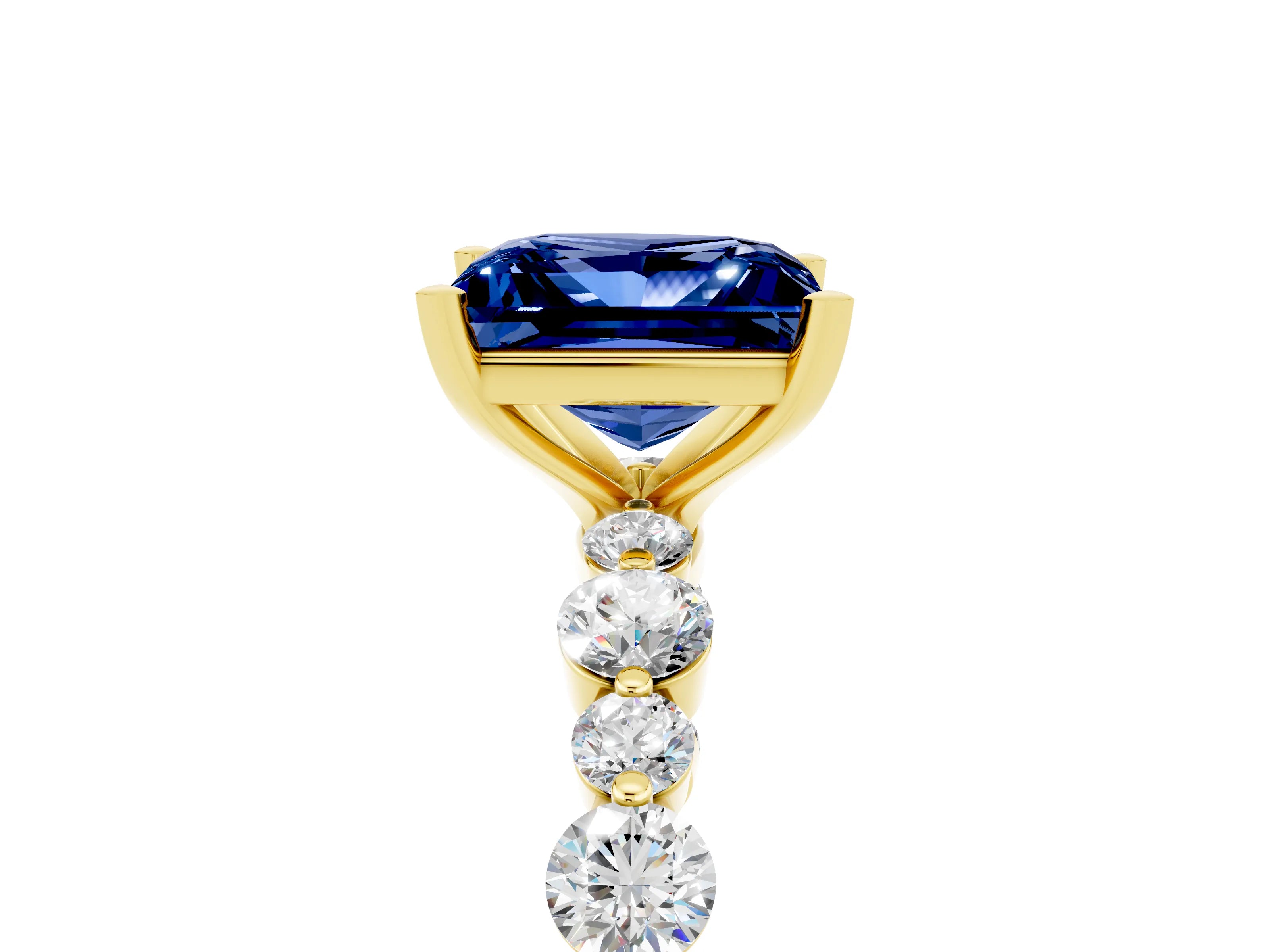 Yellow gold Princess Cut Blue Sapphire Prong Set Engagement Ring with Pavé Band_5