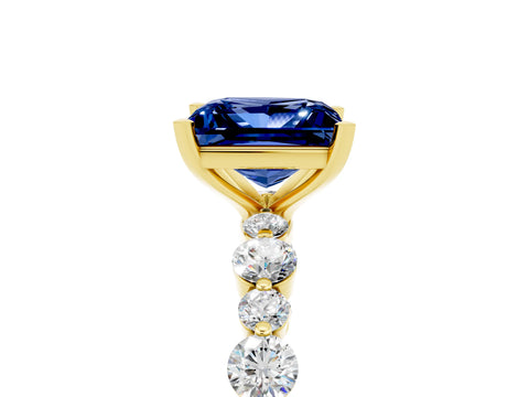 Yellow gold Princess Cut Blue Sapphire Prong Set Engagement Ring with Pavé Band_5